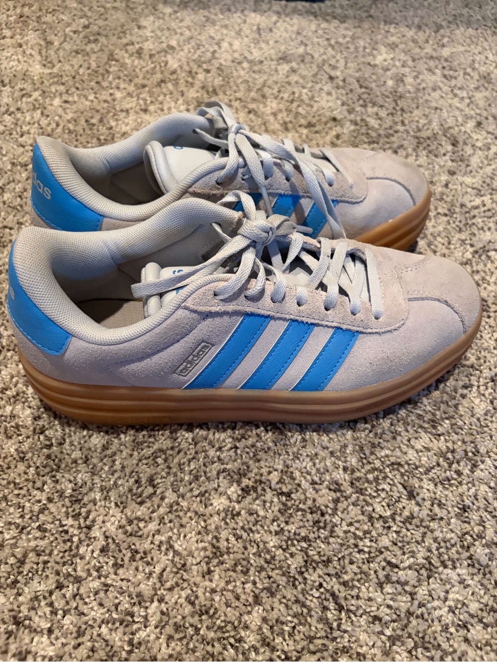 adidas Women’s Suede Sneakers in Light Gray with Blue Stripes